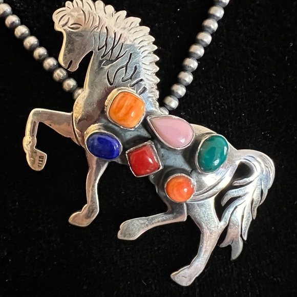 ❤️ Multi-Gemstone Handmade Sterling Silver Horse Pendant Native Inspired 15.6gm - Picture 1 of 11